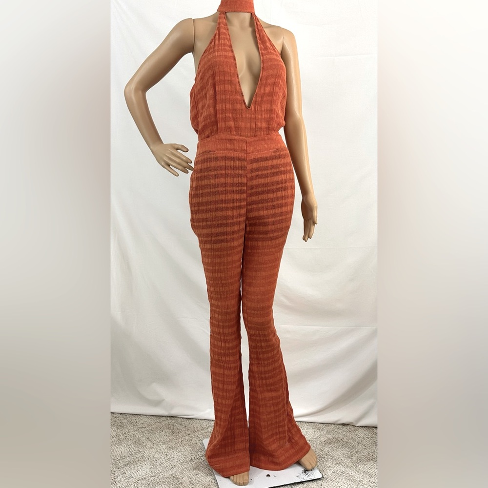 Unknown Designer? Orange Striped Jumpsuit Choker Neck Deep V Flared Legs…